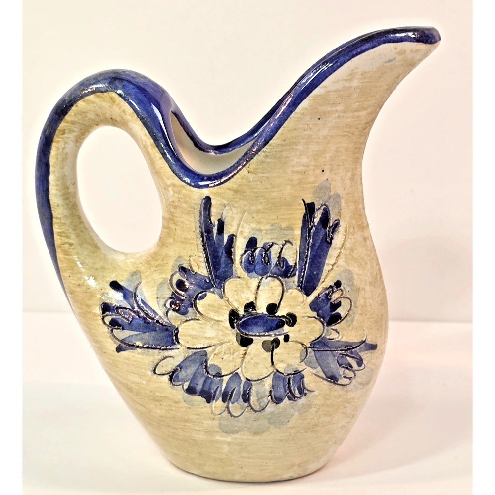 Vintage Hand Painted Ceramic Jug‎ Relief Floral Blue White Rustic Folk Pottery